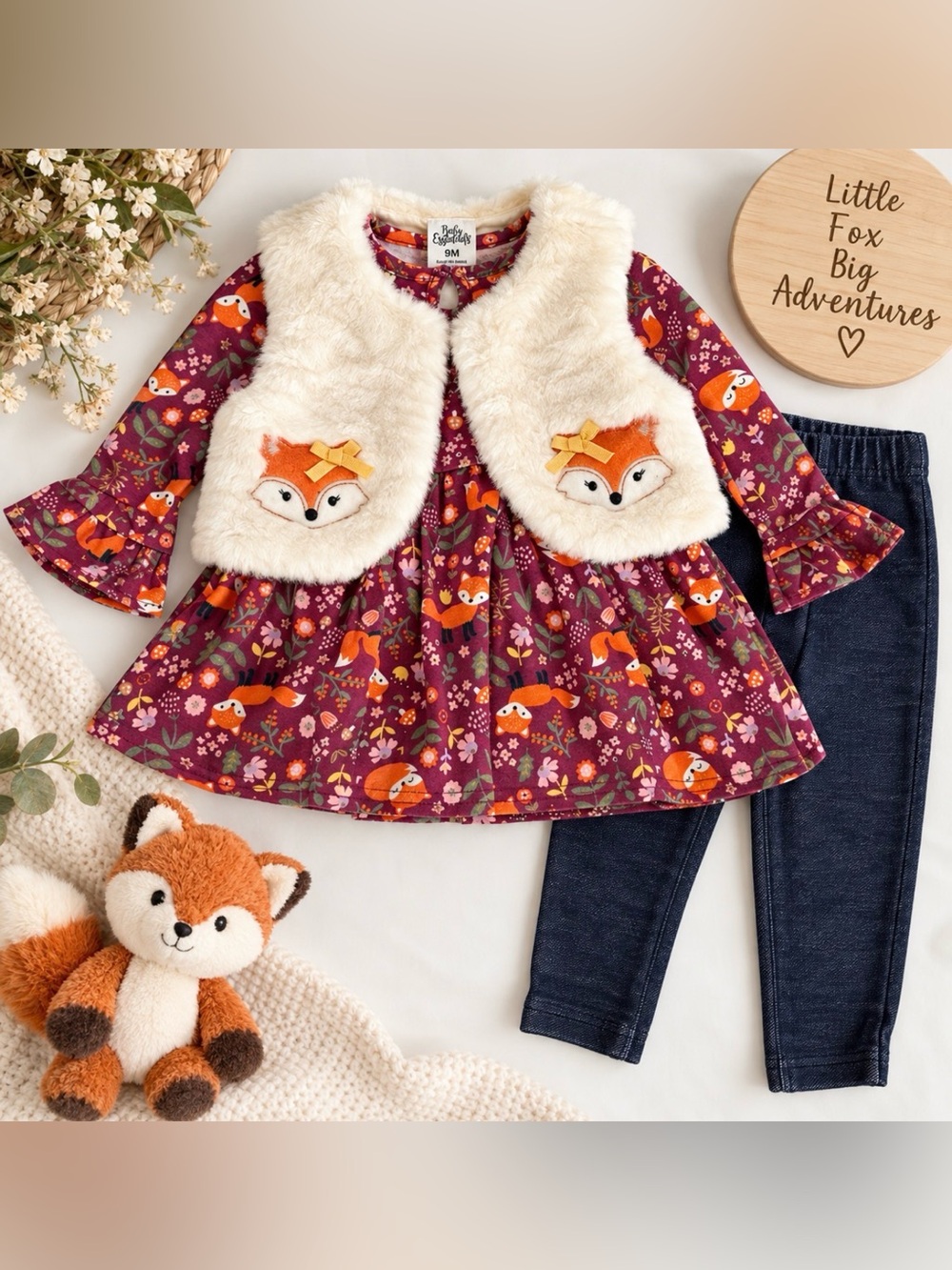 Baby Essentials Baby Girl 9M Fox Floral Dress Faux Fur Vest Leggings 3-Piece Set